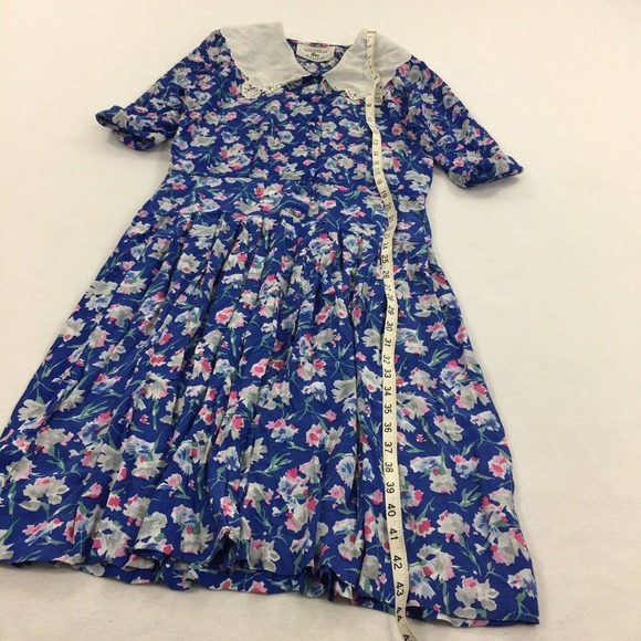 Vintage 1980s Jonathan Martin Floral Dress 9/10 Blue Modest Peter Pan Collar M - Picture 7 of 7